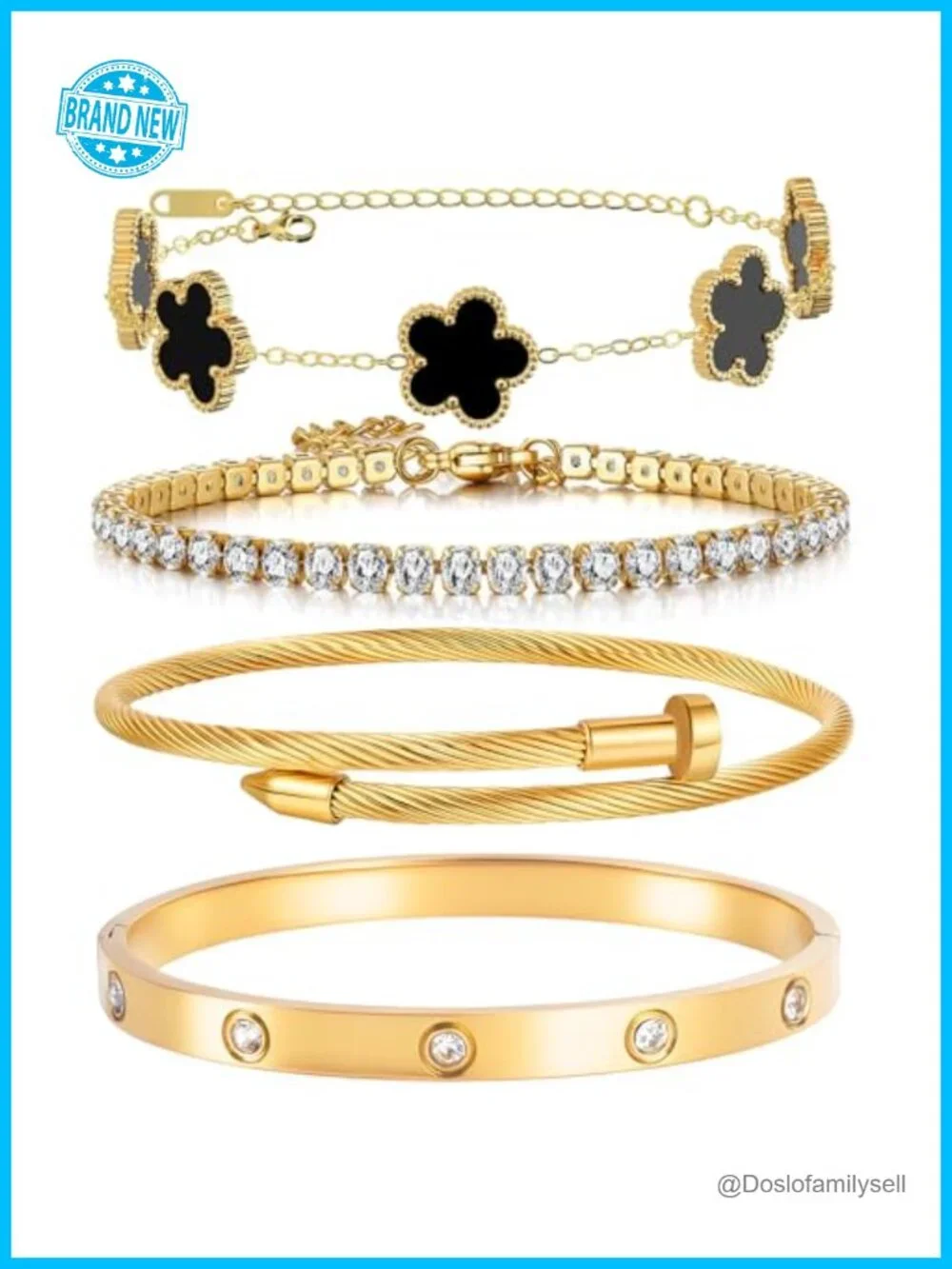 4 Piece Stackable Floral Bracelet Set, Gold Plated Twisted Cable Bangle,